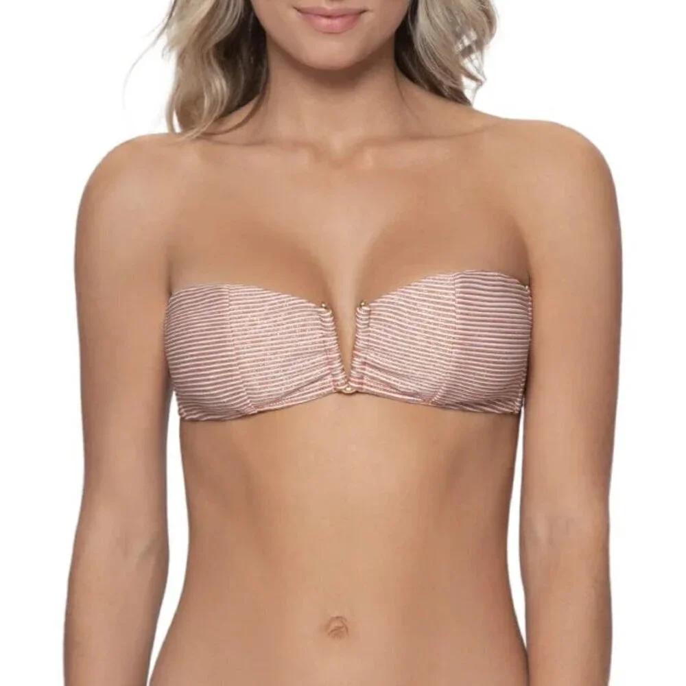 NWT PilyQ Aperol Stripe V Bandeau Bikini Top Sz. L